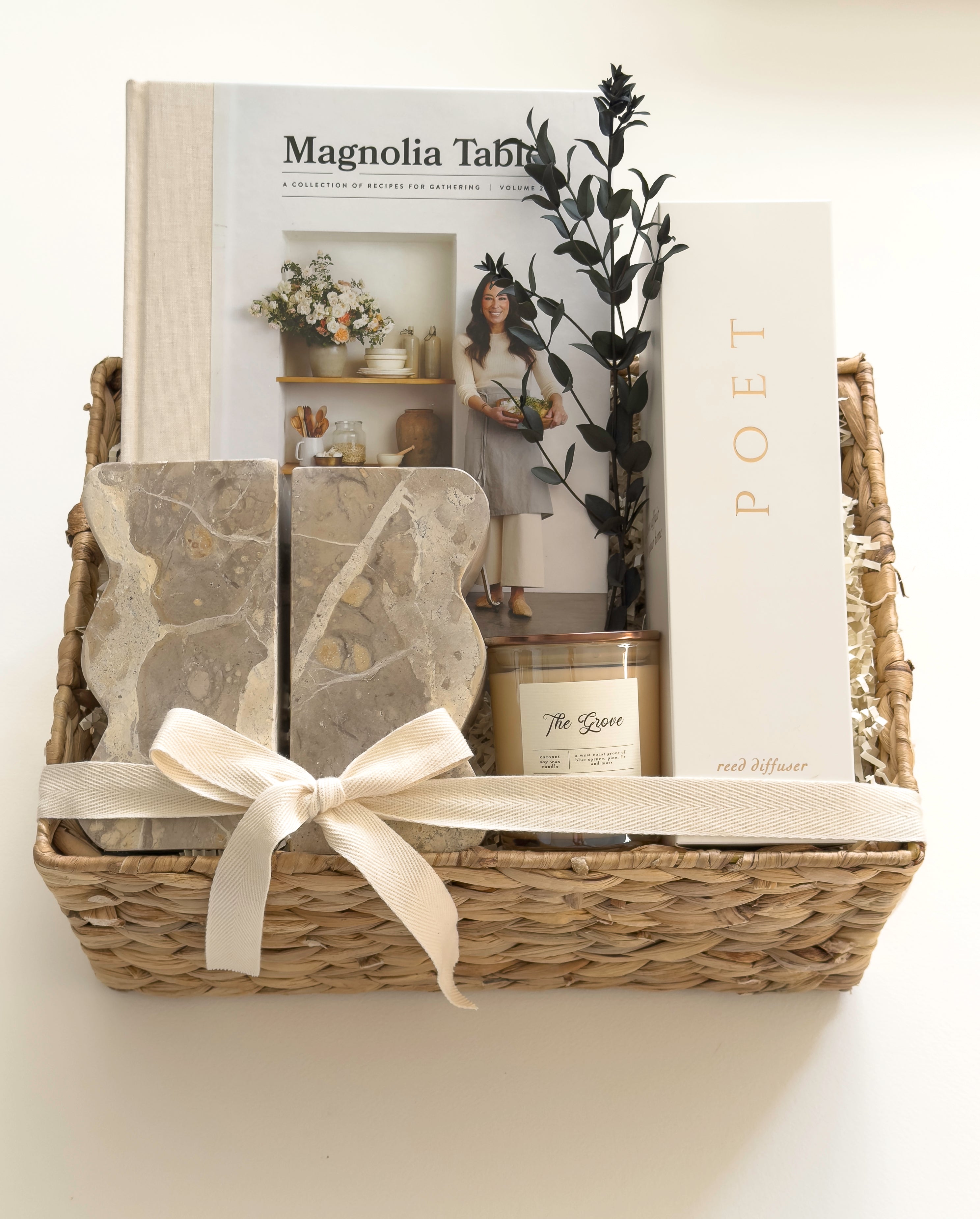 The Estate luxury possession day gift basket with Magnolia Table, sculptural bookends, candle and reed diffuser by Muse Baskets and Co.