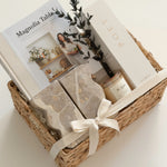Luxury housewarming gift basket with Magnolia Table cookbook, sculptural home décor, candle and reed diffuser by Muse Baskets and Co.