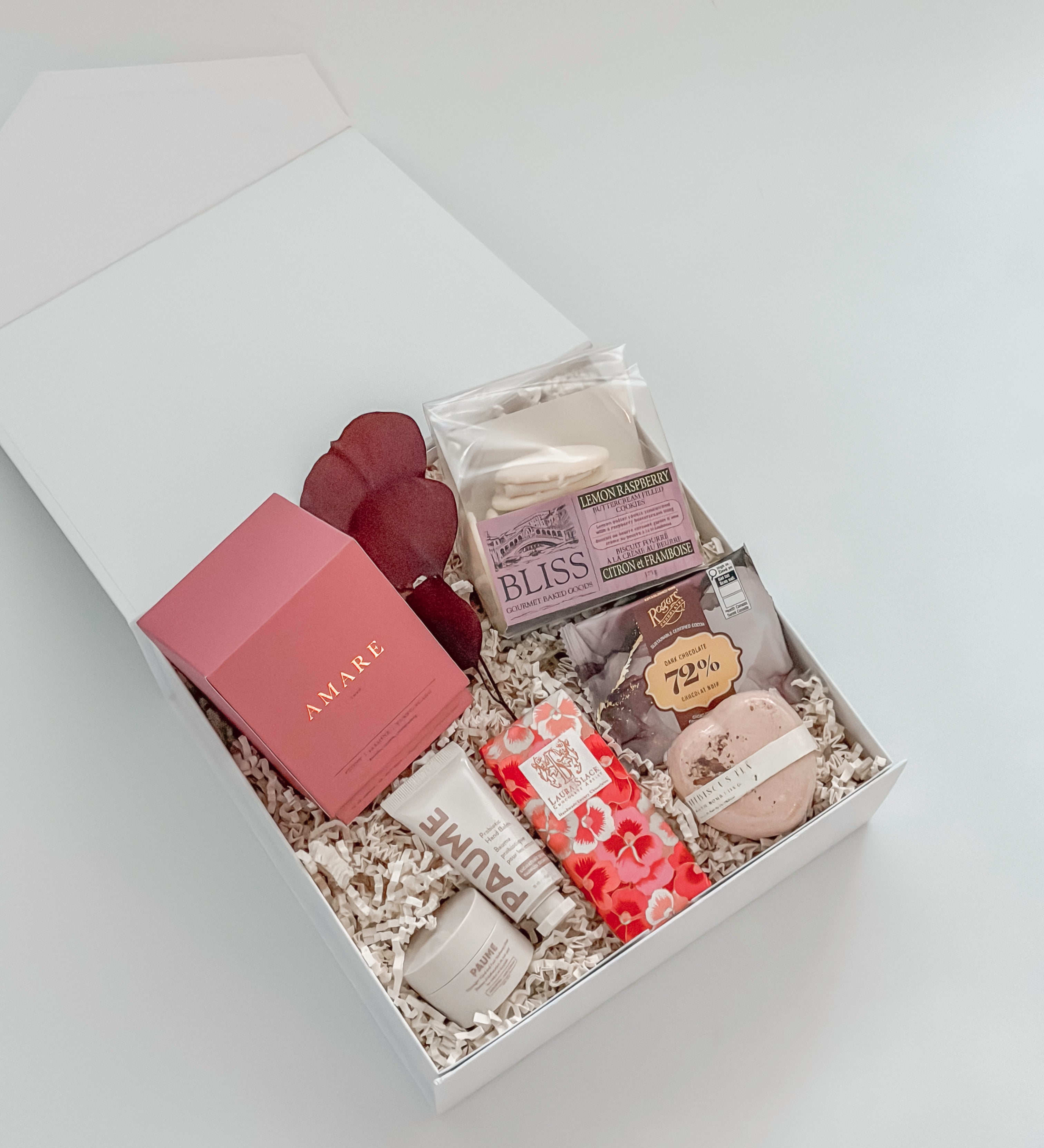 Luxury mothers day gift box with Vancouver Candle Co Amare candle Paume hand cream Laura Slack chocolate and Elosa bath bomb by Muse Baskets and Co
