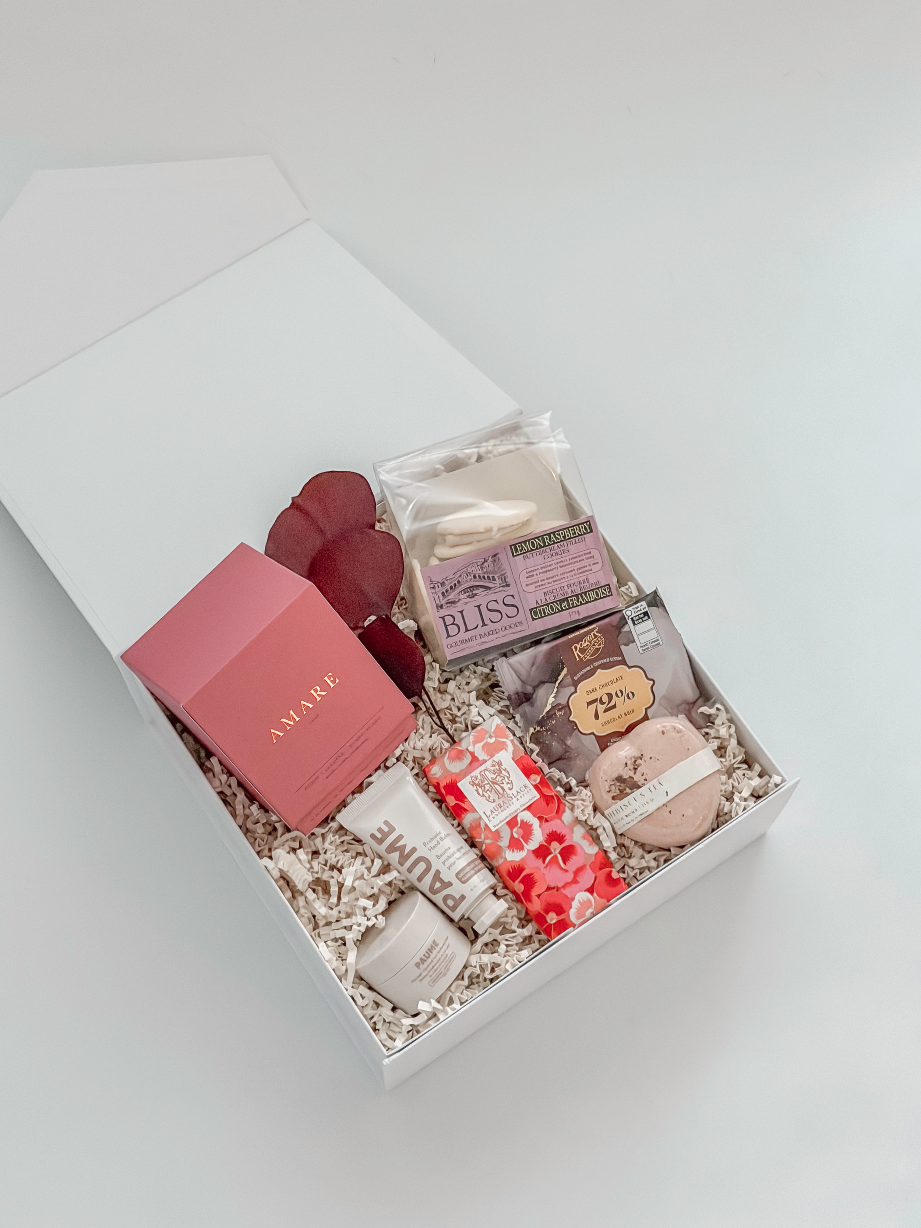 Luxury mothers day gift box with Vancouver Candle Co Amare candle Paume hand cream Laura Slack chocolate and Elosa bath bomb by Muse Baskets and Co