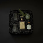 Old Fashioned Elegance cocktail gift box with Disaronno, maple syrup, olives, and crystal glasses.