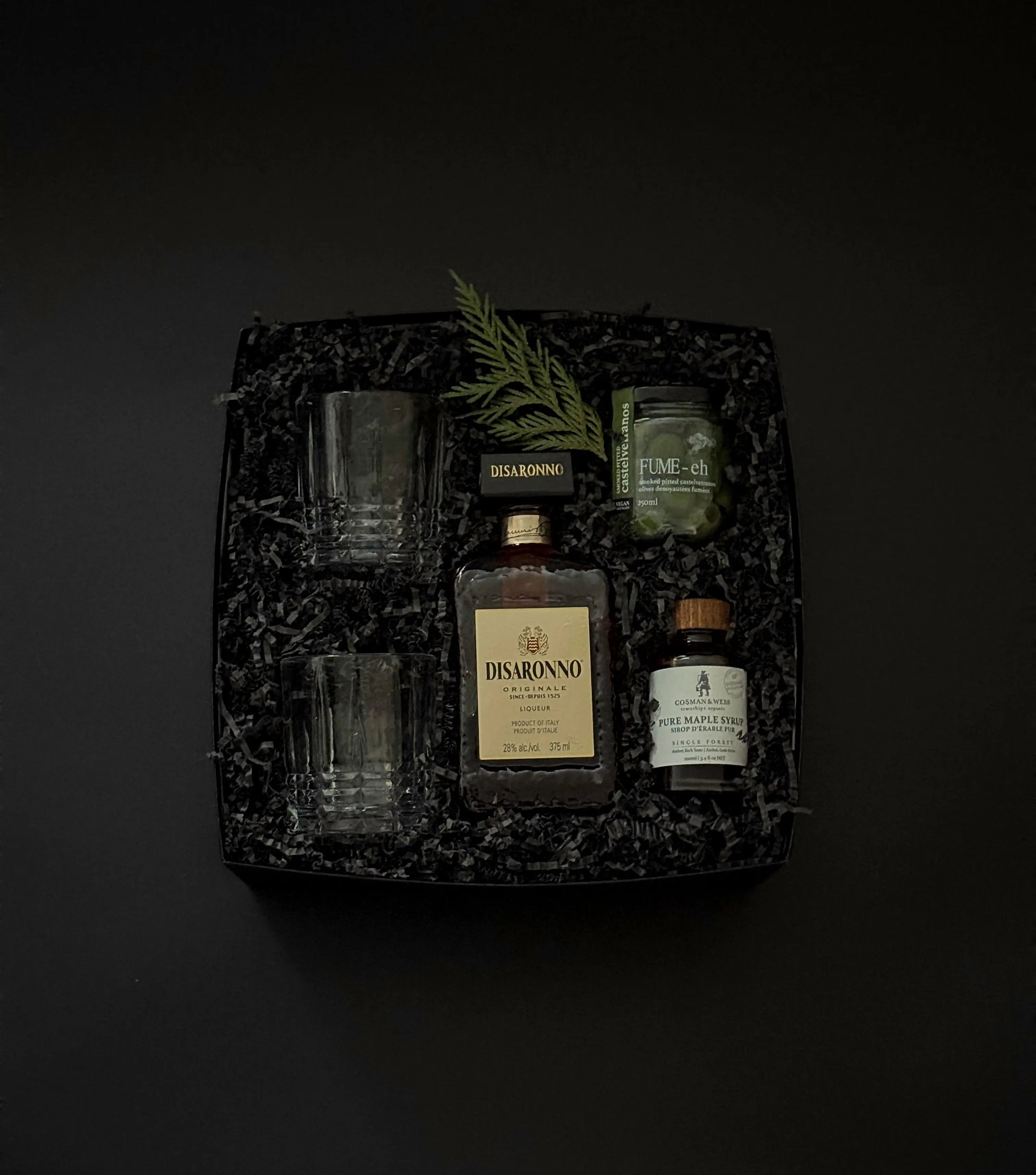 Old Fashioned Elegance cocktail gift box with Disaronno, maple syrup, olives, and crystal glasses.