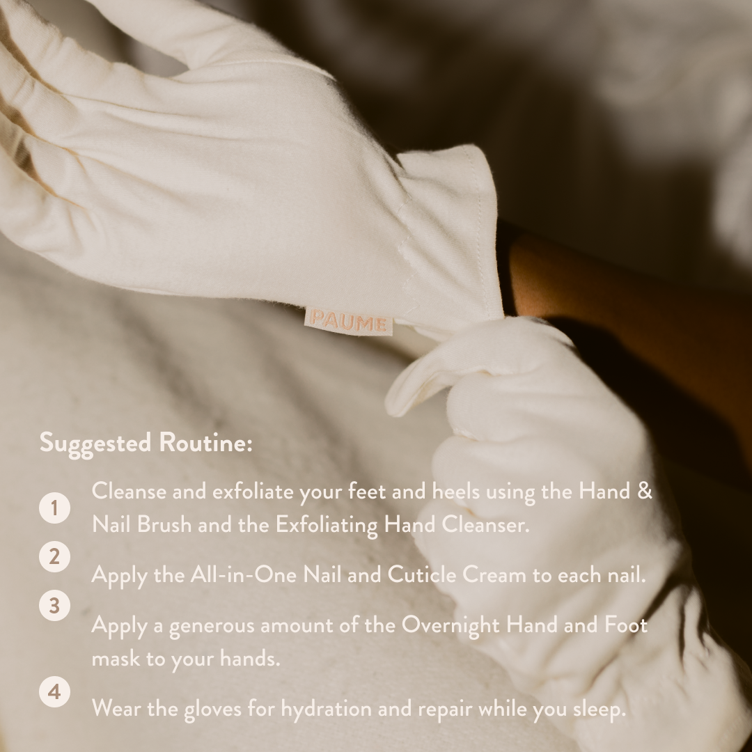 Close-up of hands wearing gloves with a suggested skincare routine text overlay.