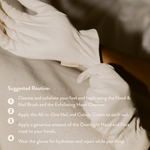 Close-up of hands wearing gloves with a suggested skincare routine text overlay.