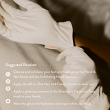 Close-up of hands wearing gloves with a suggested skincare routine text overlay.