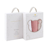 Pink baby swaddle in a branded gift box on a white background