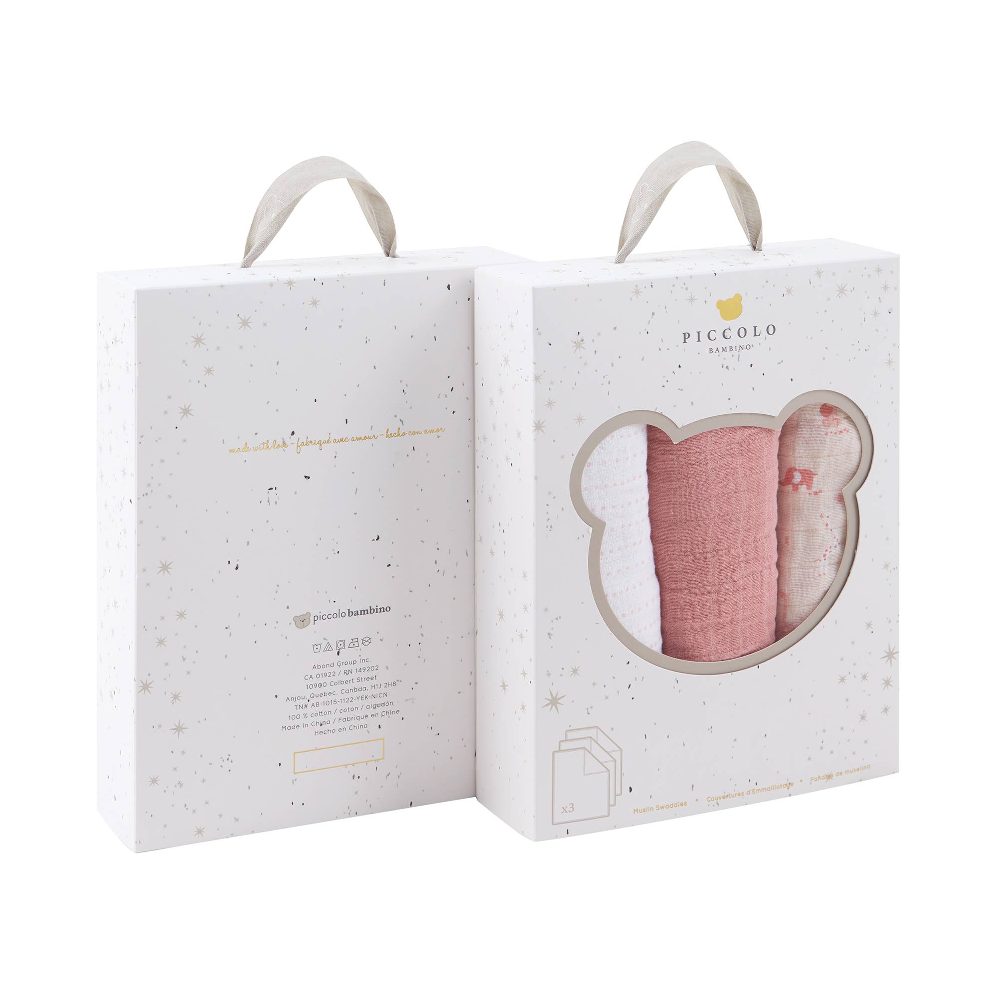 Pink baby swaddle in a branded gift box on a white background