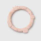 Pink silicone teething ring on a light gray background