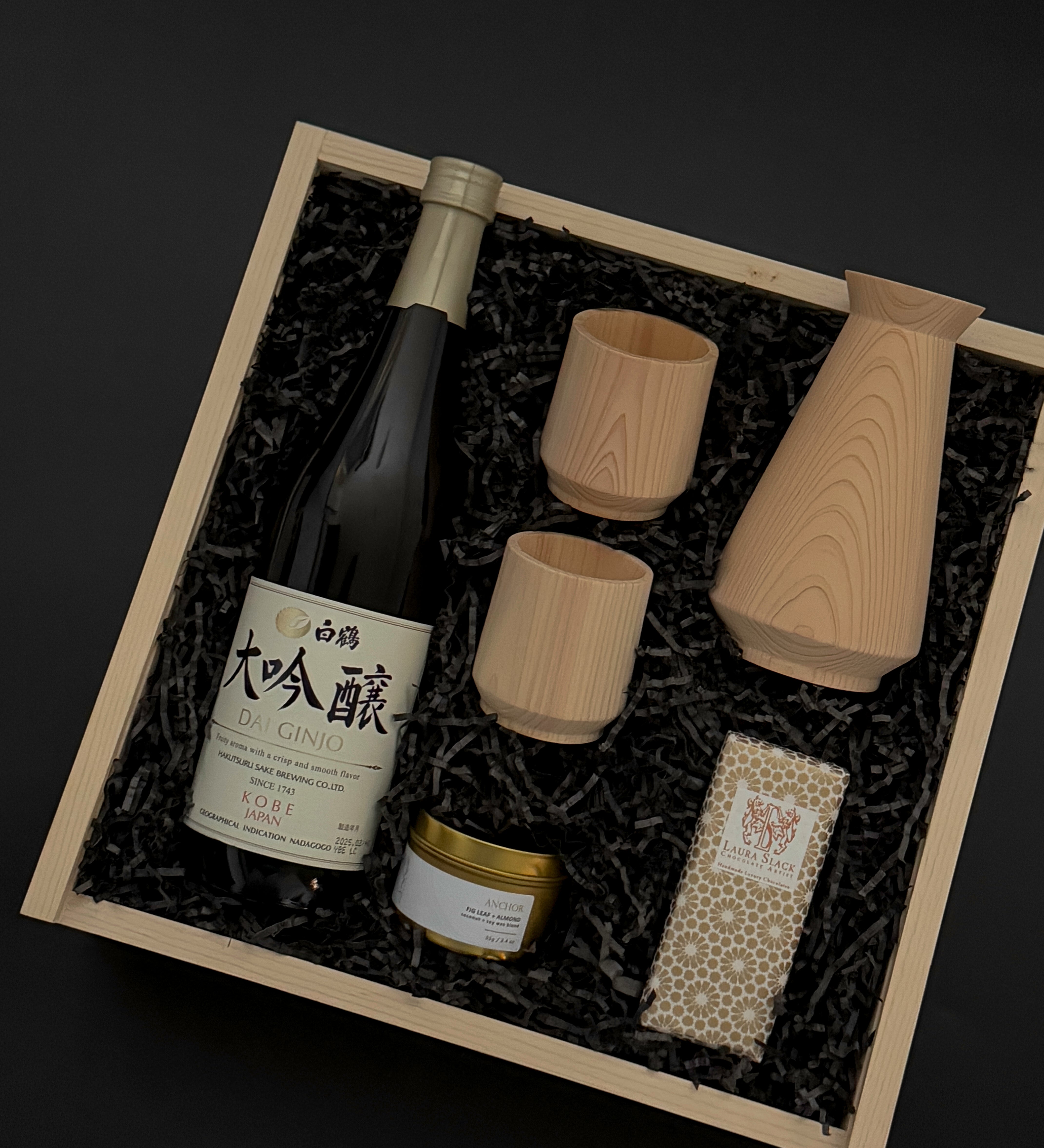 Premium Japanese Sake Gift Box featuring Hinoki Carafe, Sake Cups, and Gold Candle