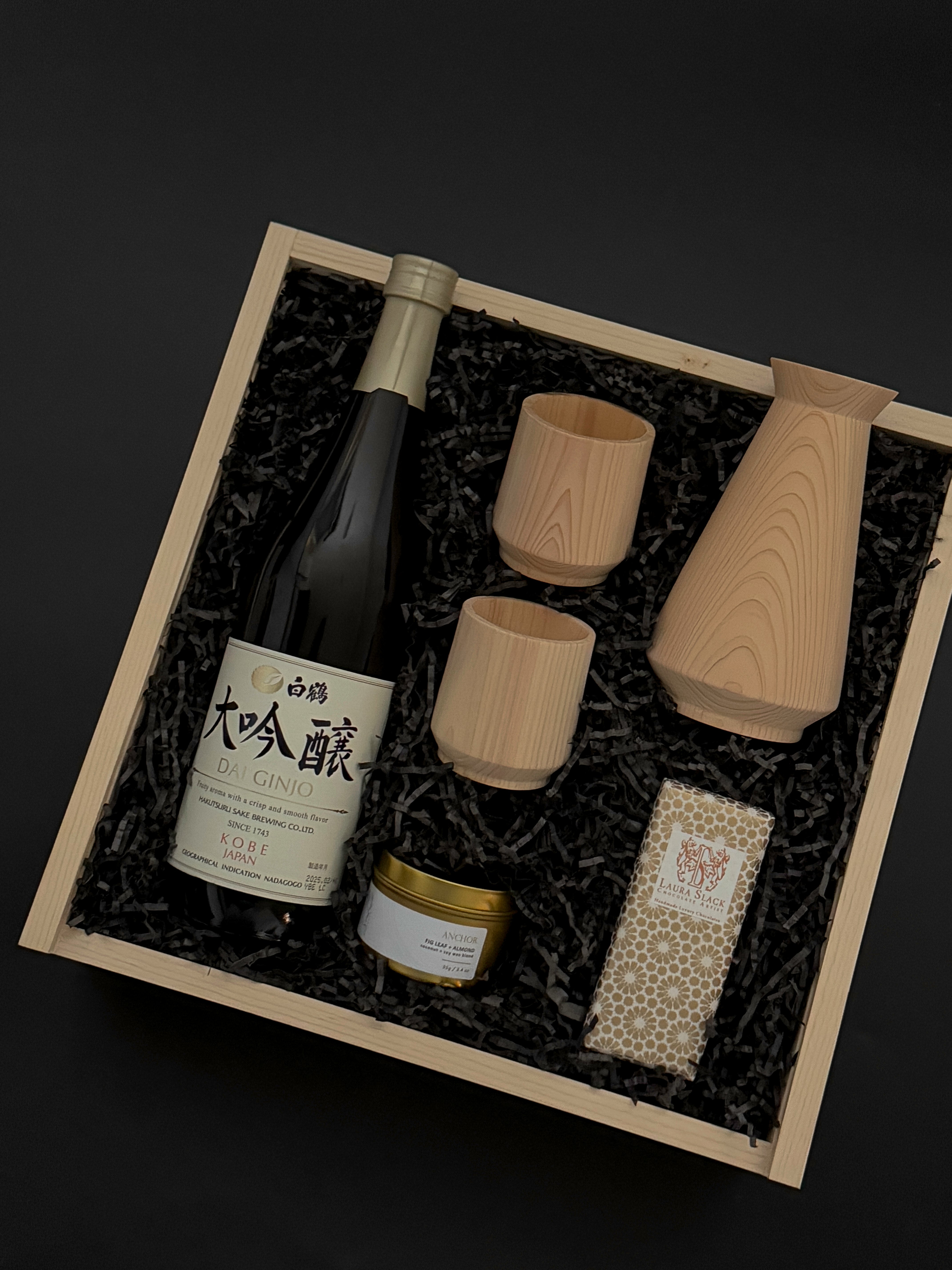Premium Japanese Sake Gift Box featuring Hinoki Carafe, Sake Cups, and Gold Candle