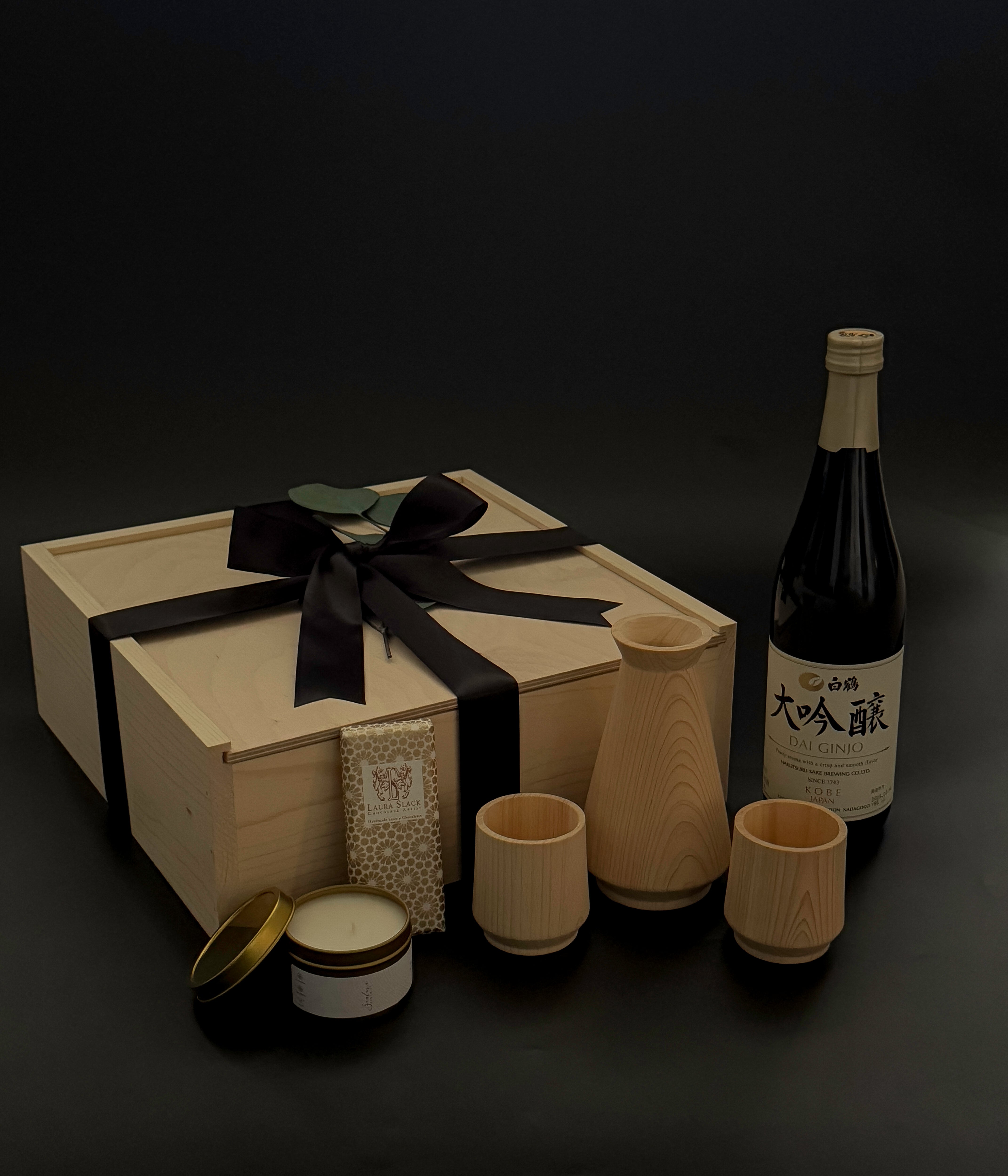 Luxury Sake Ceremony Gift Box with Hinoki Cypress Sake Set and Dai Ginjo Sake