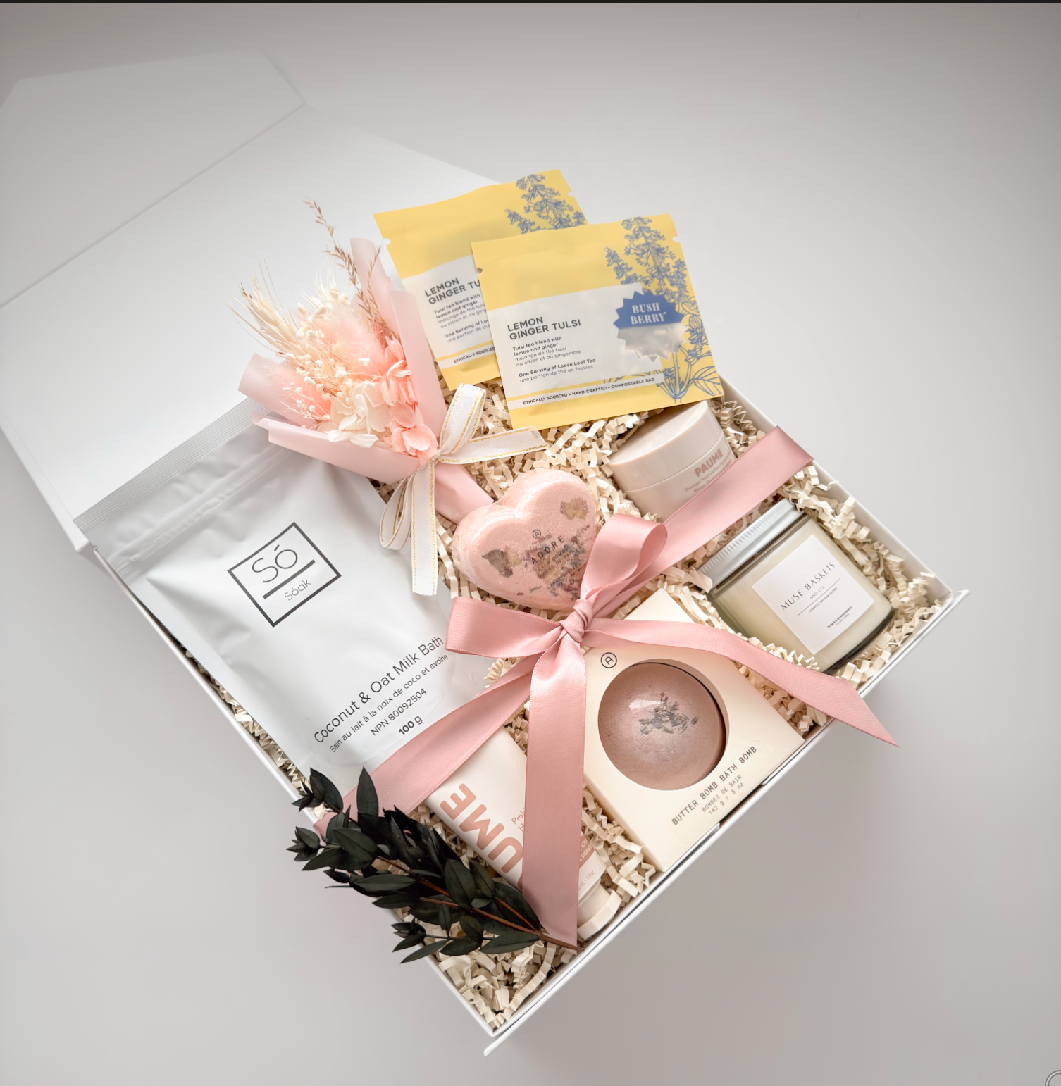 Só Luxury milk bath and Agha Studio bath bombs in the Grounded Serenity spa gift box by Muse Baskets and Co.