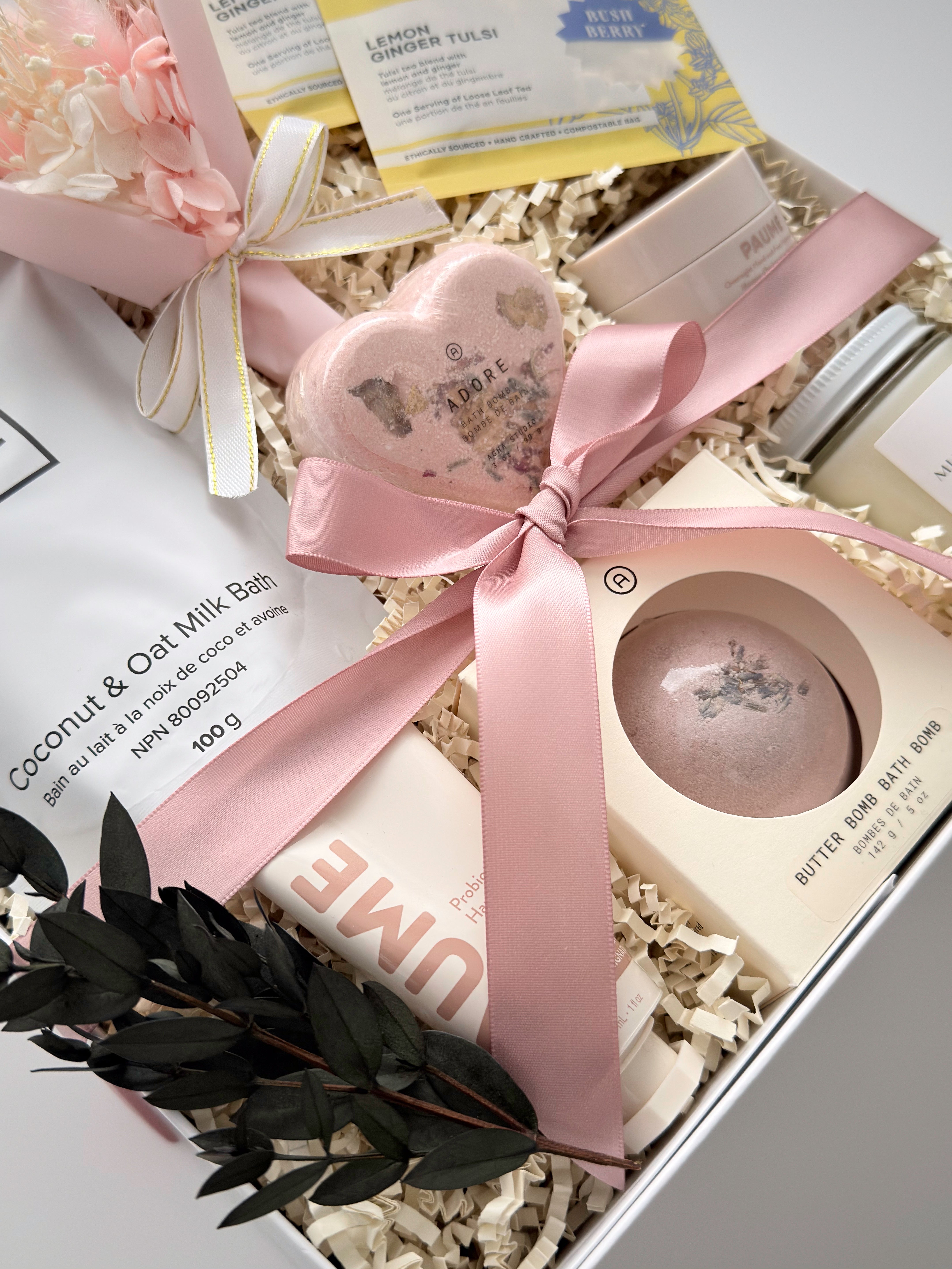 Grounded Serenity birthday gift box by Muse Baskets and Co. with sandalwood soy candle, herbal tea and bath essentials.