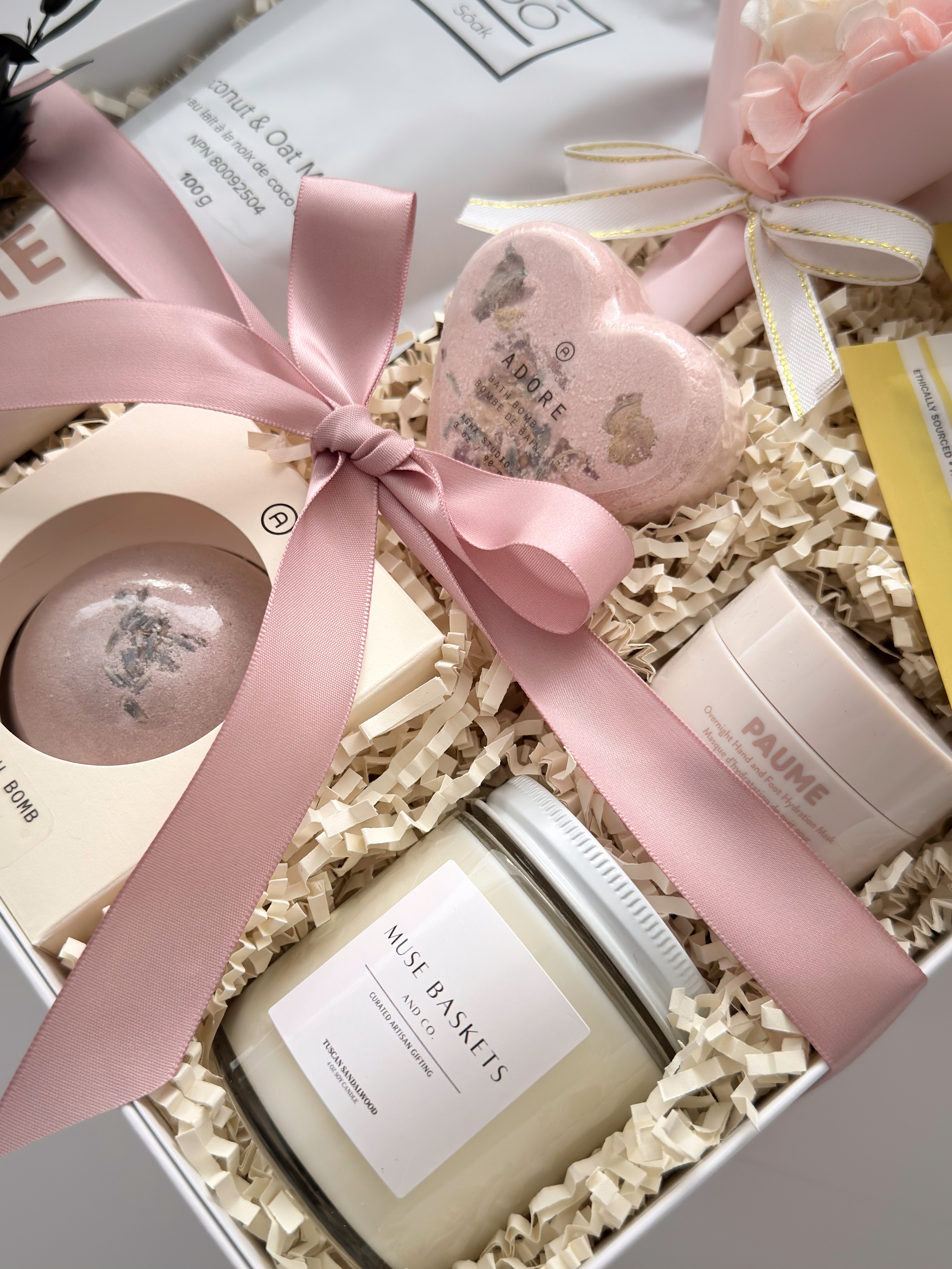 Grounded Serenity bridal gift box by Muse Baskets and Co., presented in a pearl white box with satin ribbon and preserved flowers.