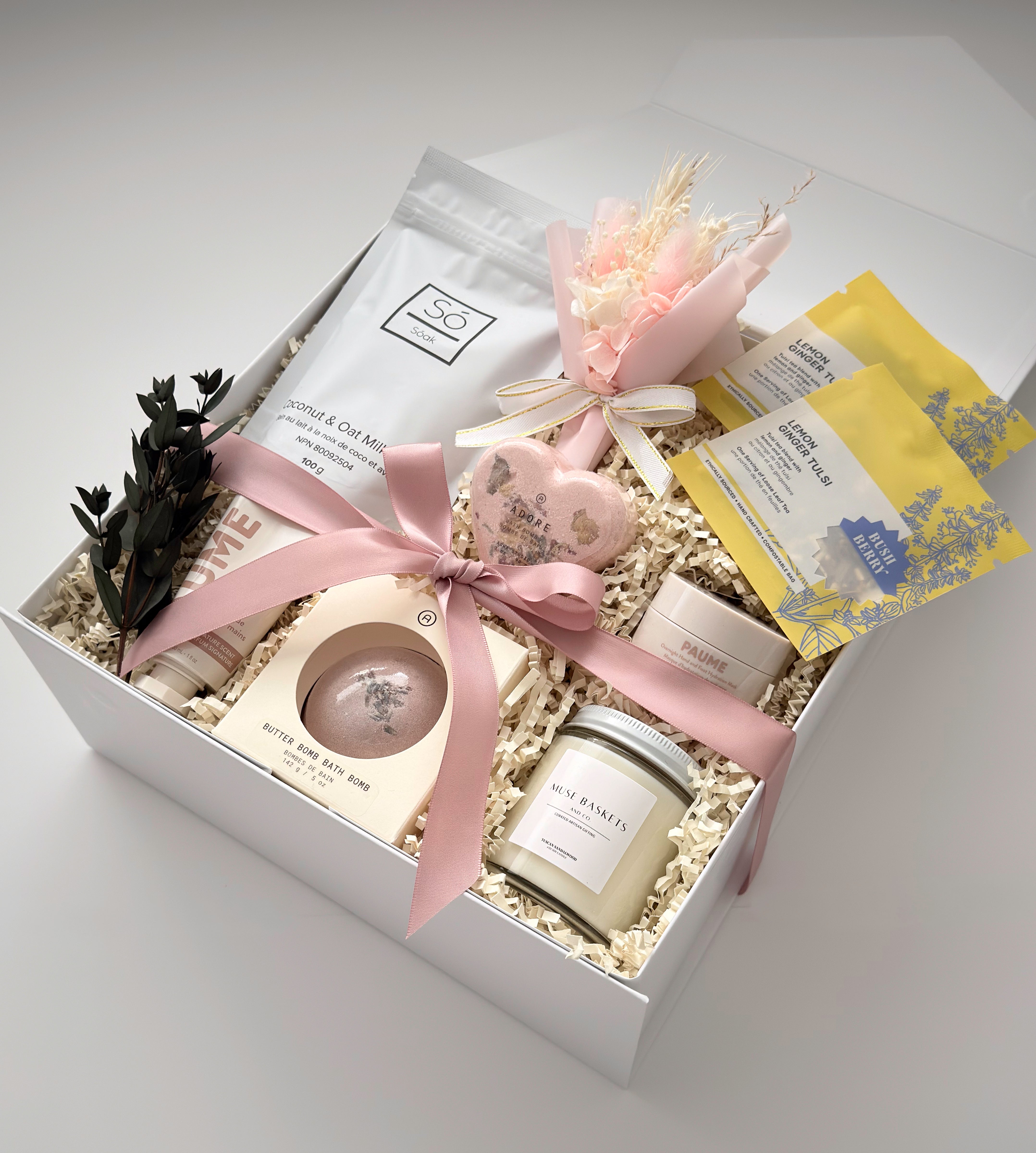 Grounded Serenity self-care gift box by Muse Baskets and Co. with Canadian bath products, Paume hand care and preserved florals.
