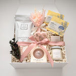 Preserved floral bouquet, Canadian skincare and bath products in the Grounded Serenity gift box by Muse Baskets and Co.