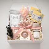 Preserved floral bouquet, Canadian skincare and bath products in the Grounded Serenity gift box by Muse Baskets and Co.