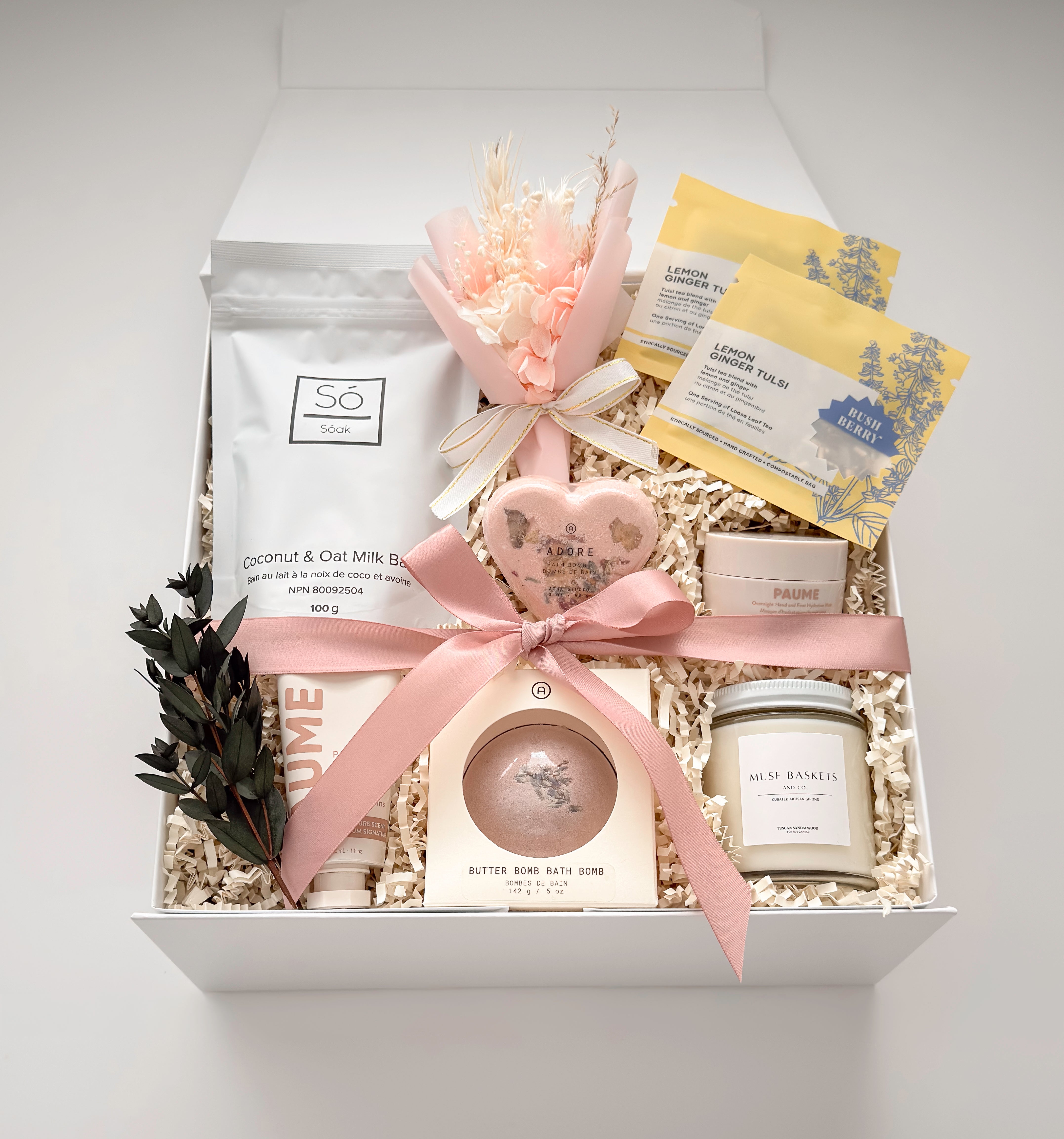 Preserved floral bouquet, Canadian skincare and bath products in the Grounded Serenity gift box by Muse Baskets and Co.