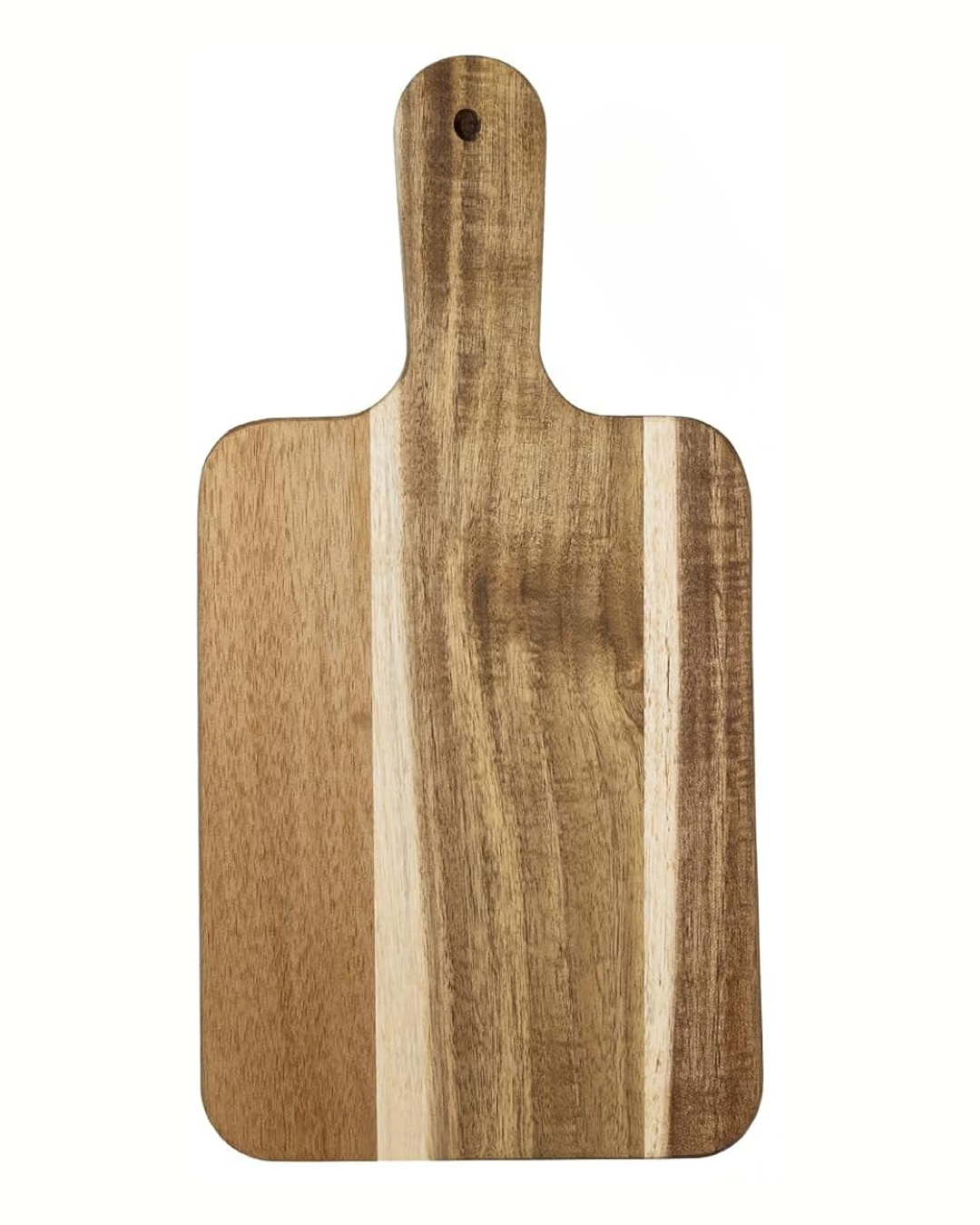 Small Wooden charcuterie board with rounded corners, contrasting wood grain.