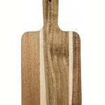 Small Wooden charcuterie board with rounded corners, contrasting wood grain.