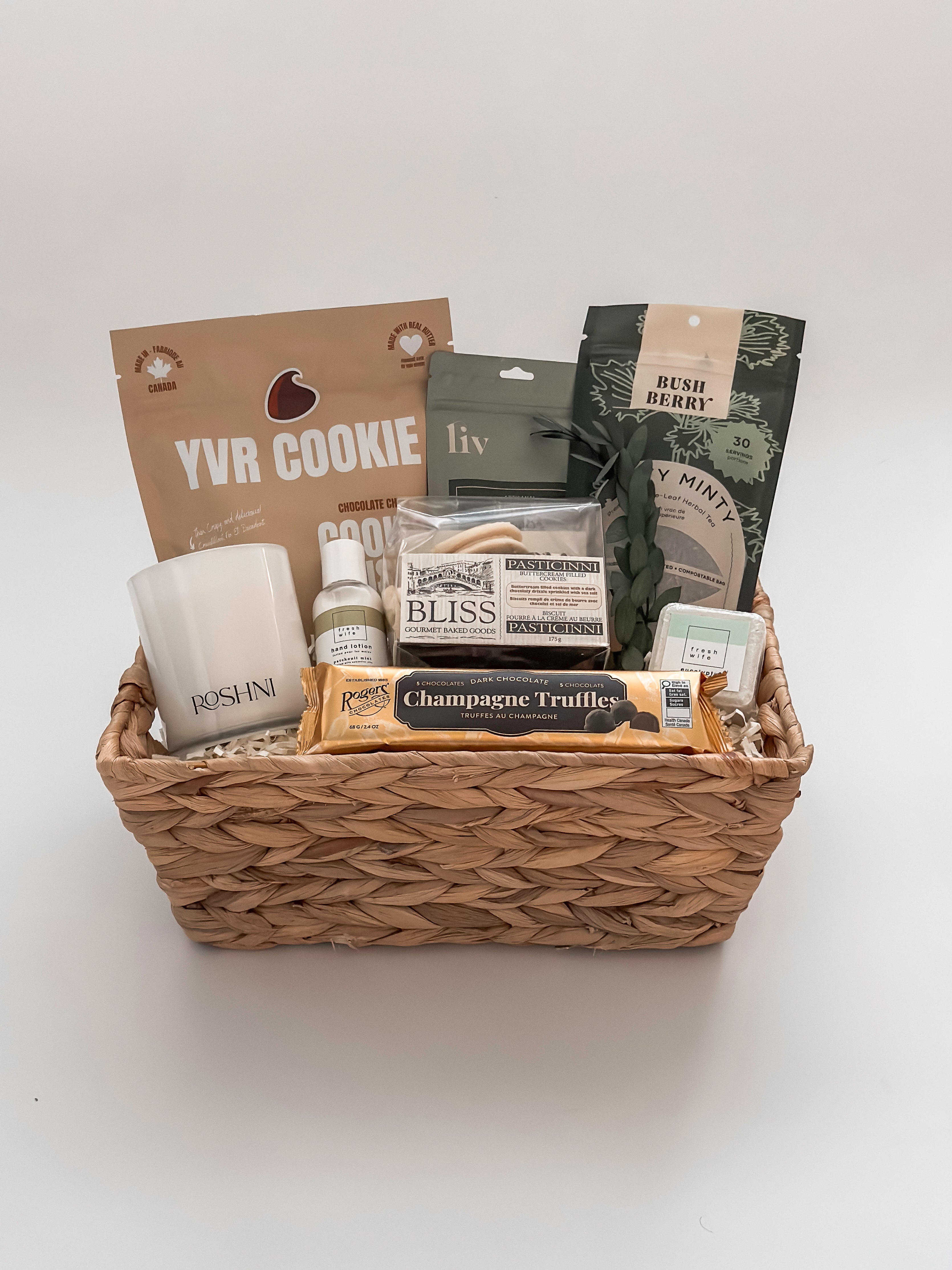 Quiet Comfort gift basket with Canadian artisan candle tea cookies bath bomb and champagne truffles by Muse Baskets and Co Vancouver