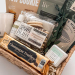 Quiet Comfort gift basket with YVR Cookie Co Bush Berry tea and Fresh Wife Soap Co hand lotion and bath bomb