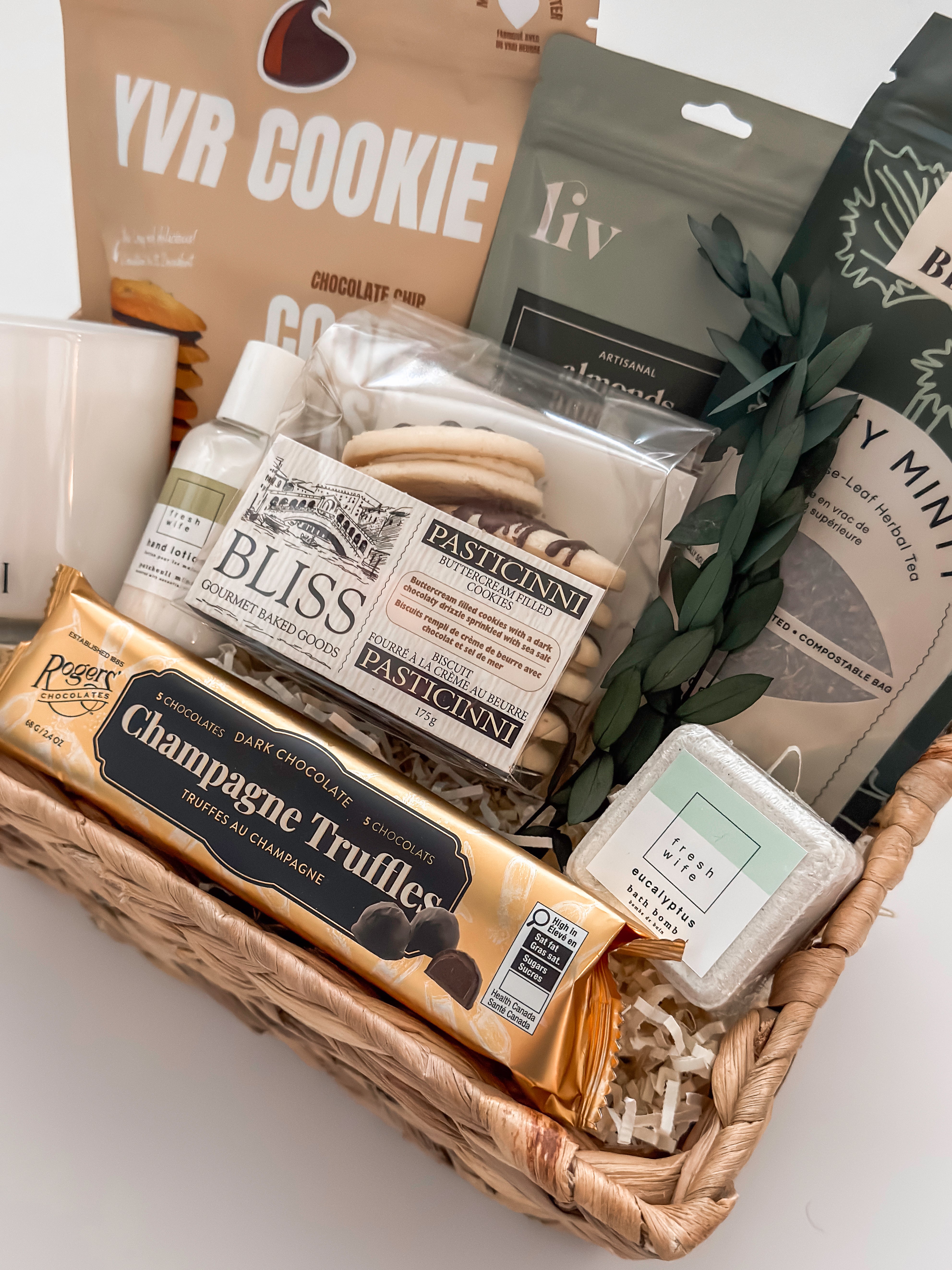 Quiet Comfort gift basket with YVR Cookie Co Bush Berry tea and Fresh Wife Soap Co hand lotion and bath bomb