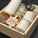 The Villa realtor closing gift with Fable carafe and mugs, Aegan marble coasters and olive wood pieces presented in a locally sourced luxe wood gift box, designed by Muse Baskets and Co.