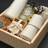 The Villa realtor closing gift with Fable carafe and mugs, Aegan marble coasters and olive wood pieces presented in a locally sourced luxe wood gift box, designed by Muse Baskets and Co.