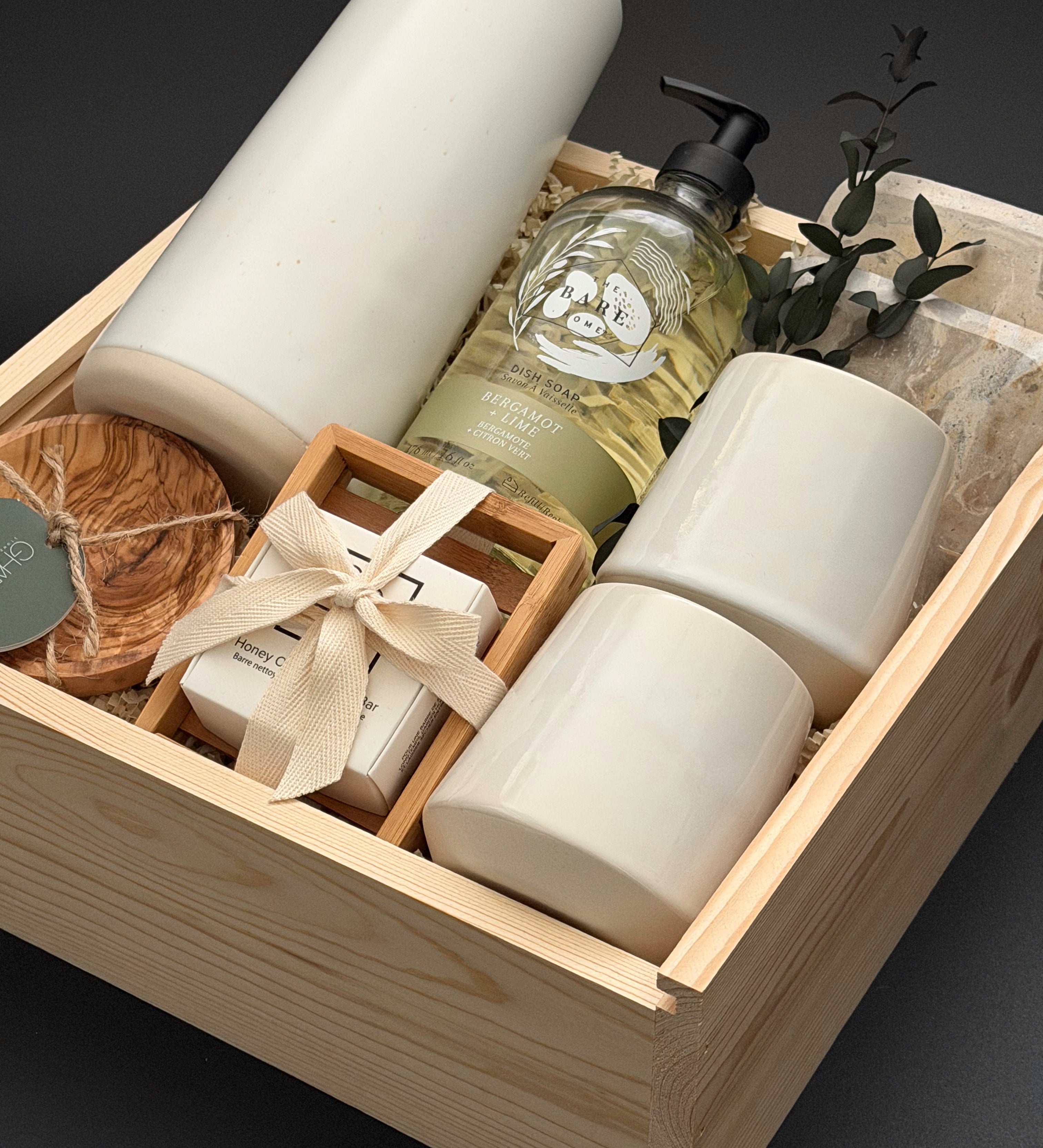 The Villa realtor closing gift with Fable carafe and mugs, Aegan marble coasters and olive wood pieces presented in a locally sourced luxe wood gift box, designed by Muse Baskets and Co.