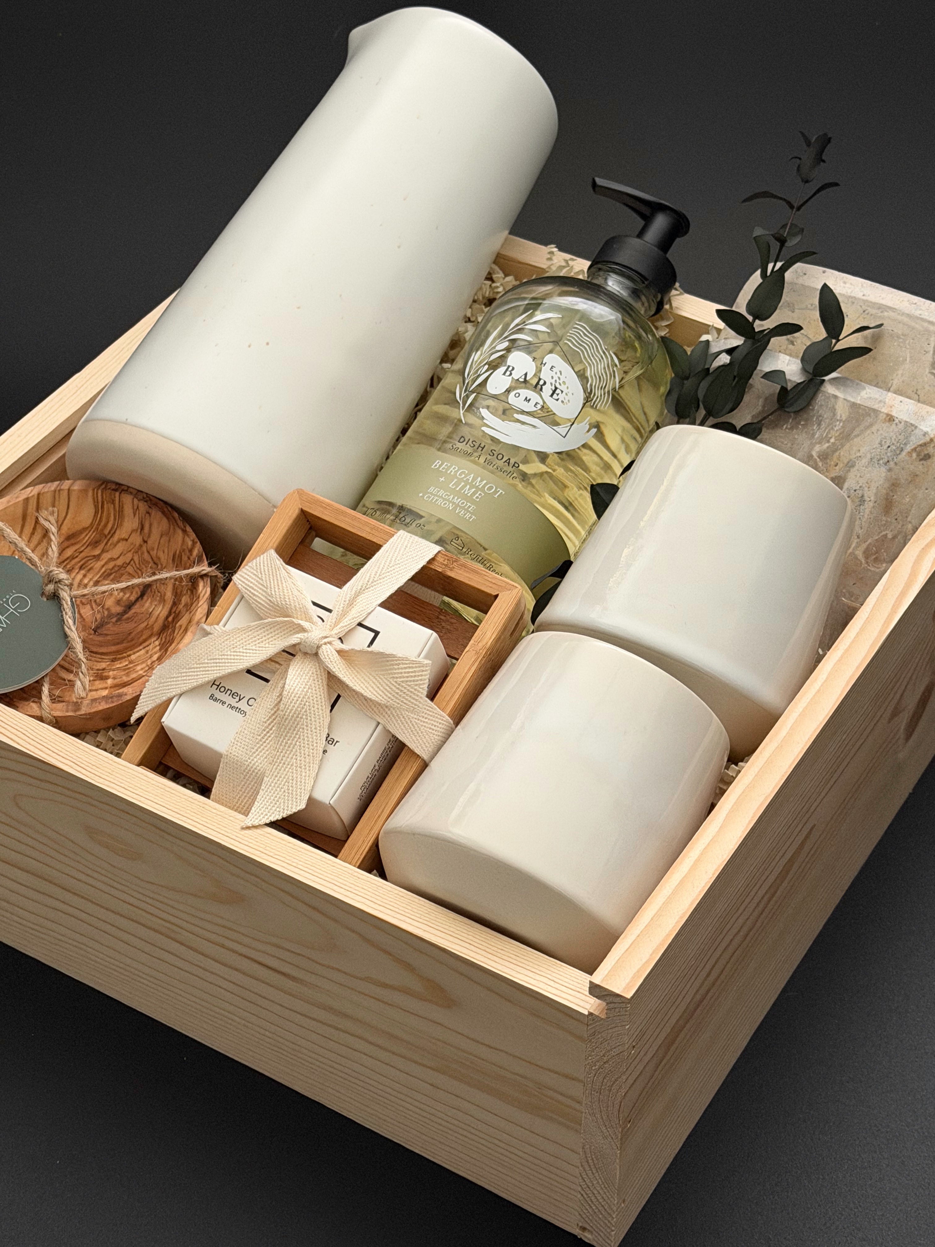 The Villa realtor closing gift with Fable carafe and mugs, Aegan marble coasters and olive wood pieces presented in a locally sourced luxe wood gift box, designed by Muse Baskets and Co.