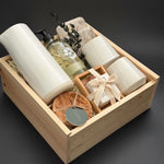 The Villa realtor closing gift with Fable carafe and mugs, marble coasters and olive wood pieces presented in a Muse Baskets and Co. luxe wood gift box.