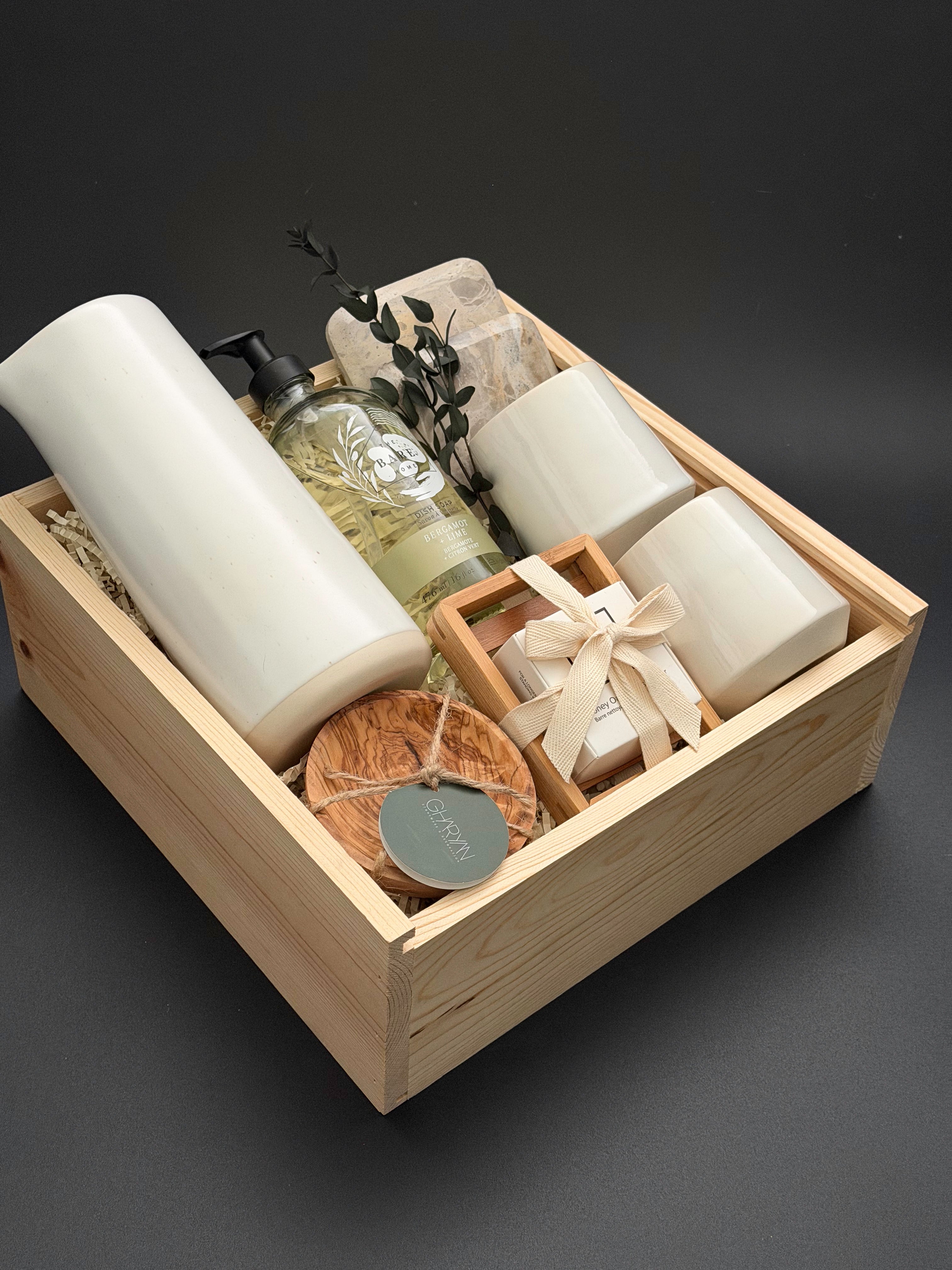 The Villa realtor closing gift with Fable carafe and mugs, marble coasters and olive wood pieces presented in a Muse Baskets and Co. luxe wood gift box.