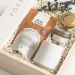 Realtor client closing gift by Muse Baskets and Co. featuring Canadian-made tea, candle, Fable mug and Poet reed diffuser in a refined wood gift box.