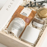 Realtor client closing gift by Muse Baskets and Co. featuring Canadian-made tea, candle, Fable mug and Poet reed diffuser in a refined wood gift box.