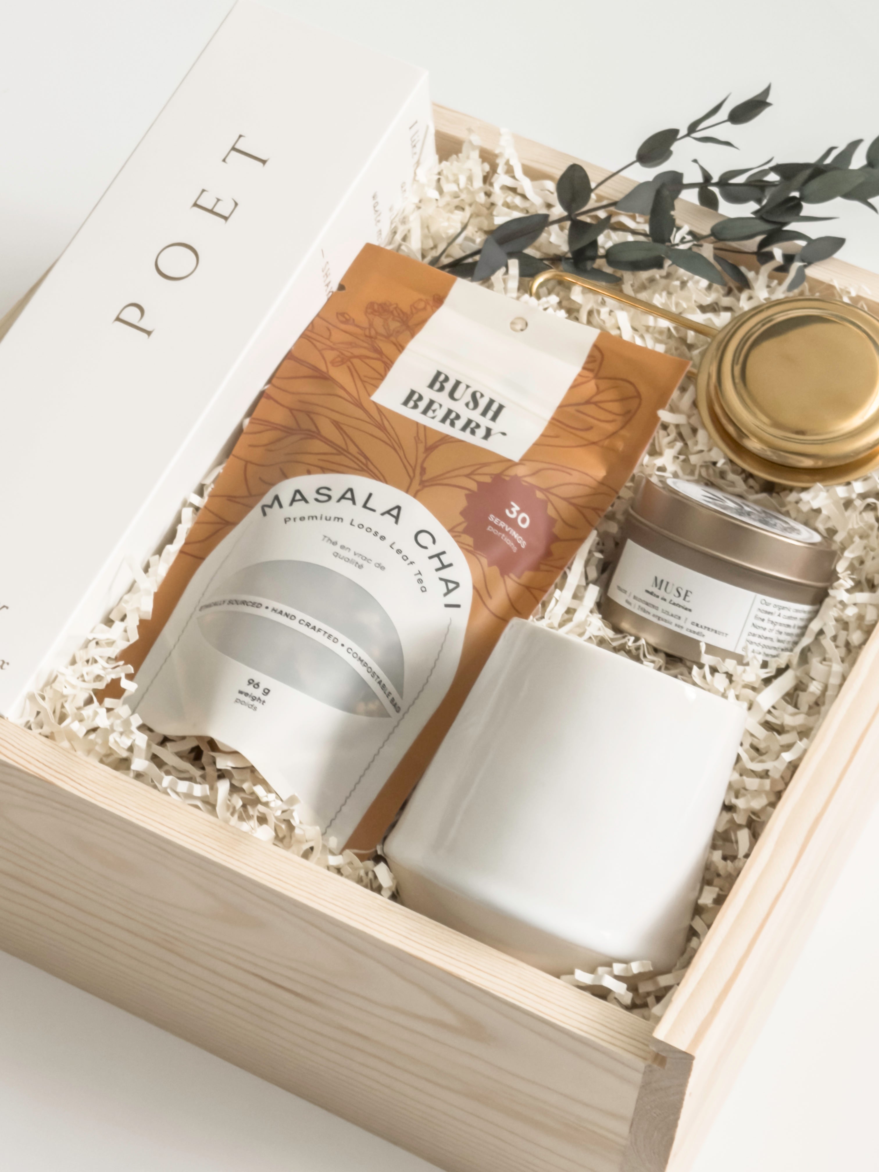 Realtor client closing gift by Muse Baskets and Co. featuring Canadian-made tea, candle, Fable mug and Poet reed diffuser in a refined wood gift box.