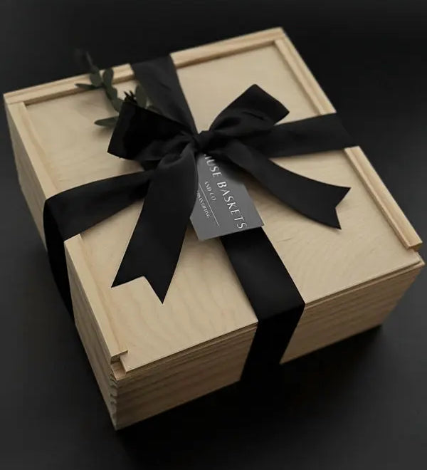 picture of a wood gift box with a satin ribbon