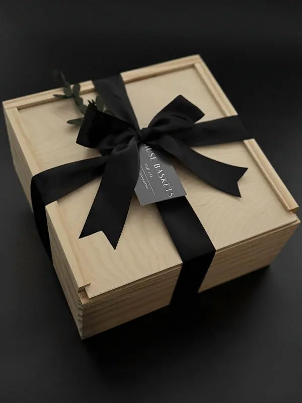 picture of a wood gift box with a satin ribbon