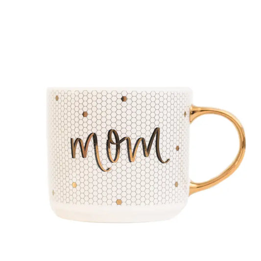 MOM - GOLD, WHITE HONEYCOMB TILE COFFEE MUG