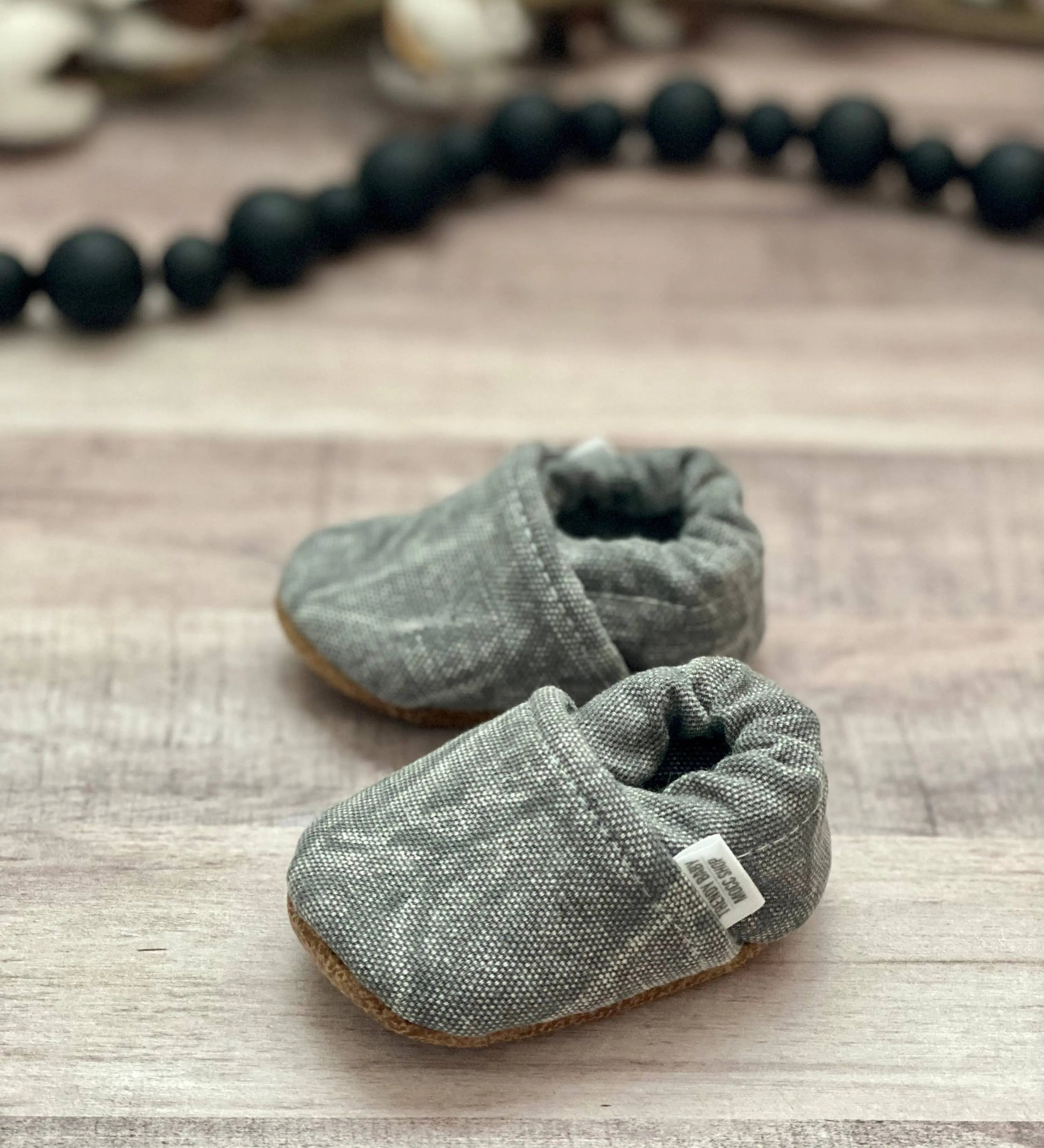 BABY MOCCASINS - GRAY DISTRESSED DENIM - Muse Baskets and Co.