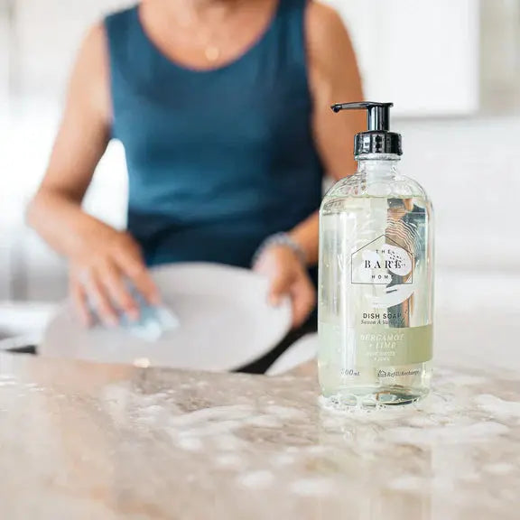 BERGAMOT + LIME DISH SOAP IN GLASS BOTTLE - Muse Baskets and Co.
